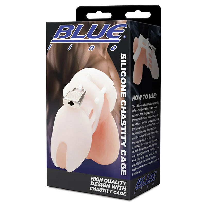 Blue Line BLM5012 Silicone Chastity Cock Cage With Lock White Package Front