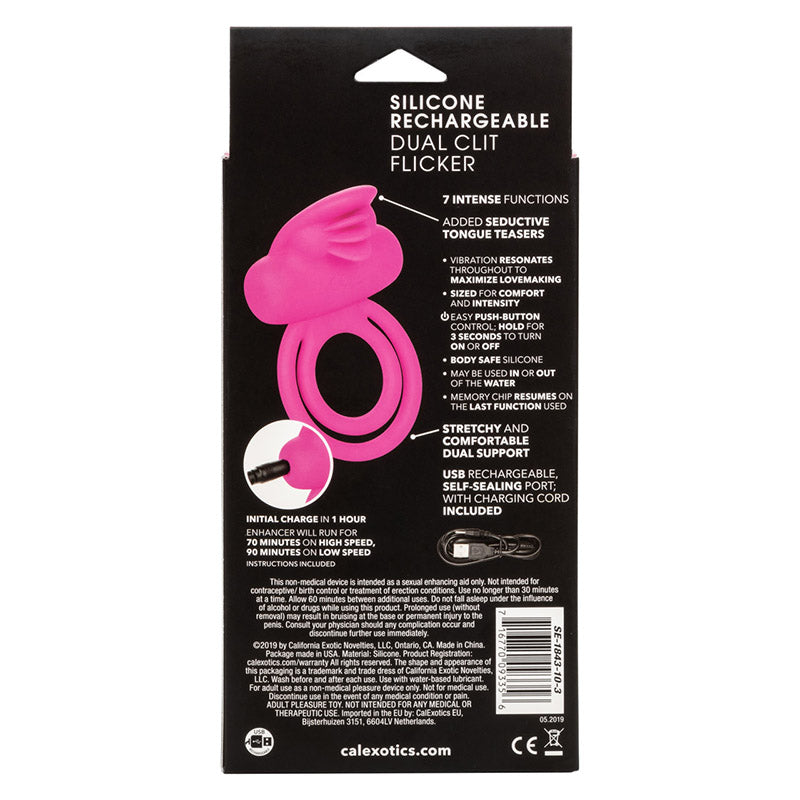 CalExotics  SE-1843-10-3 Silicone Rechargeable Dual Clit Flicker Vibrating Cock Ring Package Back