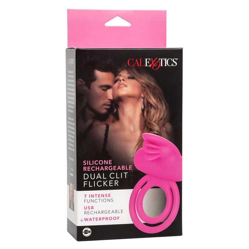CalExotics  SE-1843-10-3 Silicone Rechargeable Dual Clit Flicker Vibrating Cock Ring Package Front