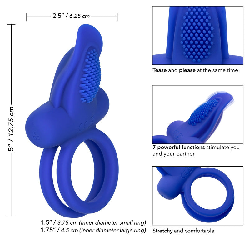CalExotics SE-1843-15-3 Silicone Rechargeable Dual Pleaser Enhancer Vibrating Cock Ring Features