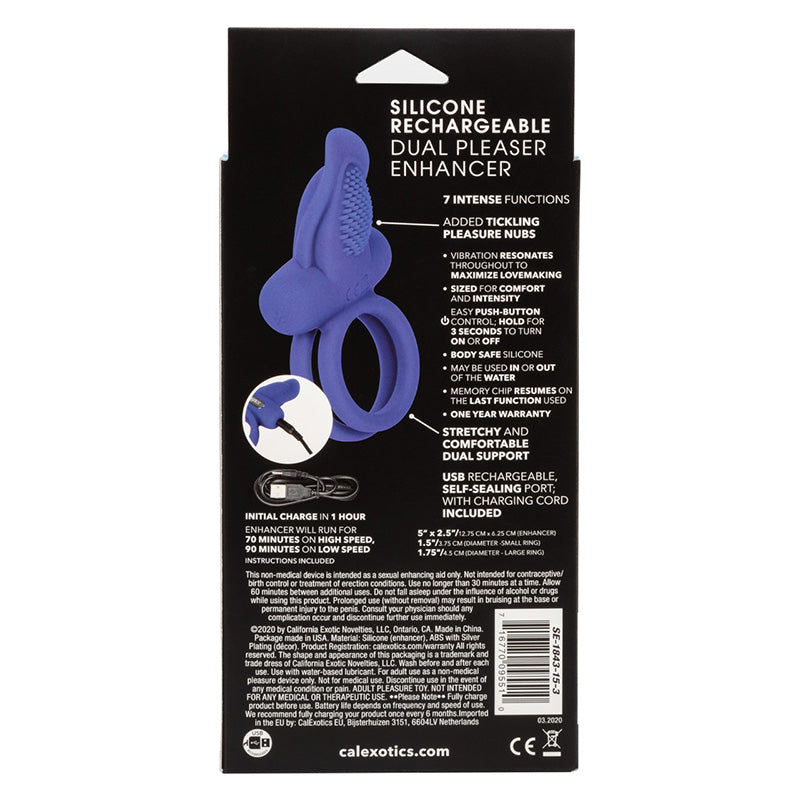 CalExotics SE-1843-15-3 Silicone Rechargeable Dual Pleaser Enhancer Vibrating Cock Ring Package Back