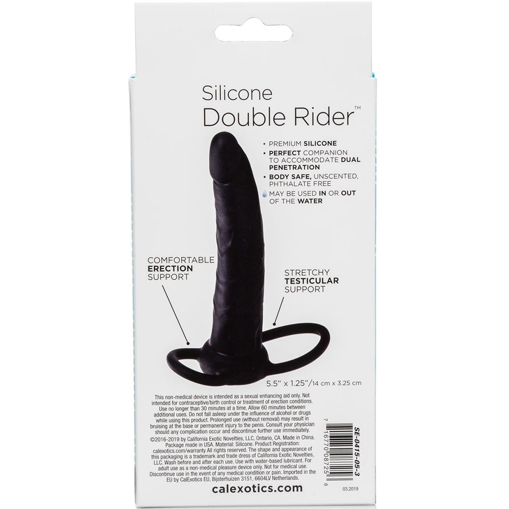 Cal Exotics Silicone Double Rider Black Wearable Cock Ring Dual Penetration Dildo - Package Back