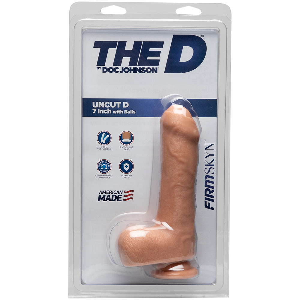 The D: Uncut D 7 Inch Uncircumcised Firmskyn Dildo with Balls - Vanilla - Package
