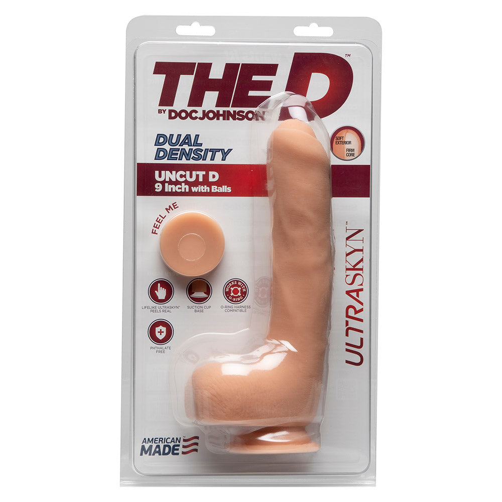 The D: Uncut D 9 Inch Uncircumcised Ultraskyn Dildo with Balls - Vanilla - Package
