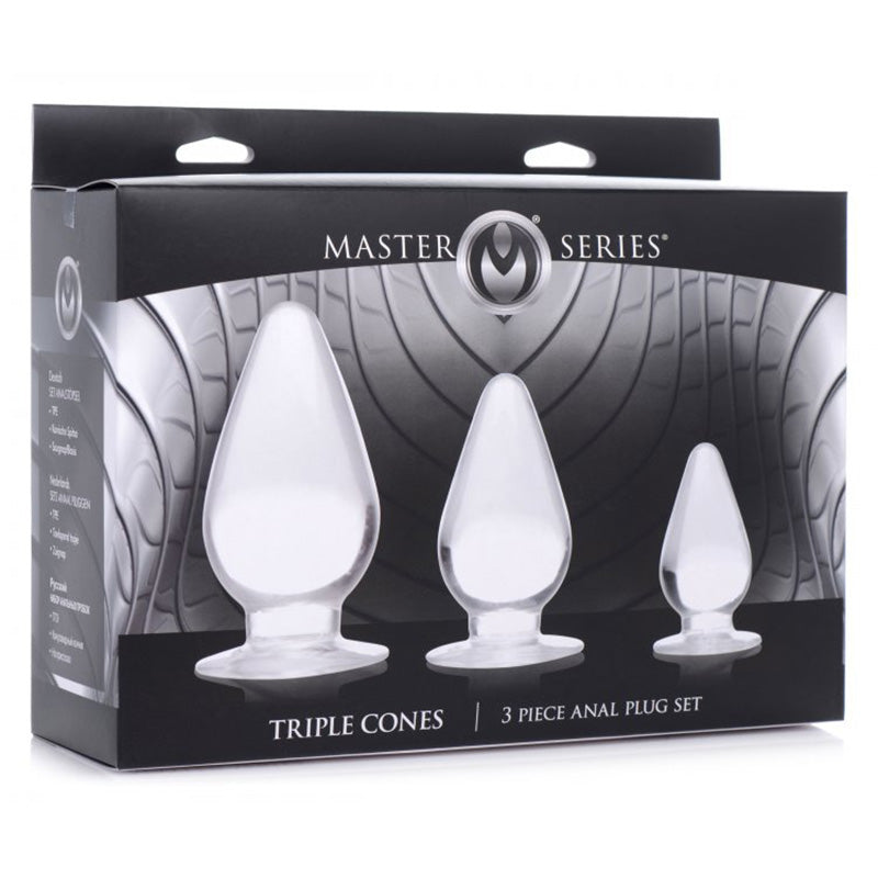 XR Brands AG457-Clear Master Series Triple Cones 3 Piece Anal Plug Set Clear Package