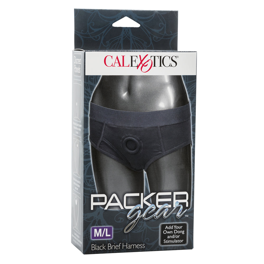 CalExotics SE-1575-10-3 Packer Gear Black Brief Strap-On Harness M/L Package Front