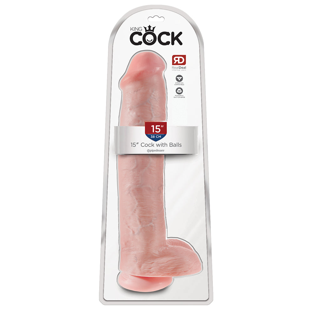 King Cock 15 Inch Cock with Balls Large Realistic Suction Cup Dildo - Light - Package
