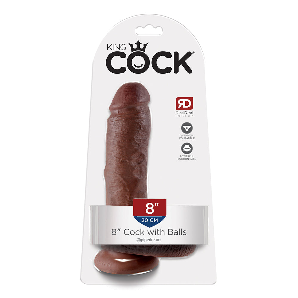 King Cock 8 Inch Cock with Balls Realistic Suction Cup Dildo - Brown - Package