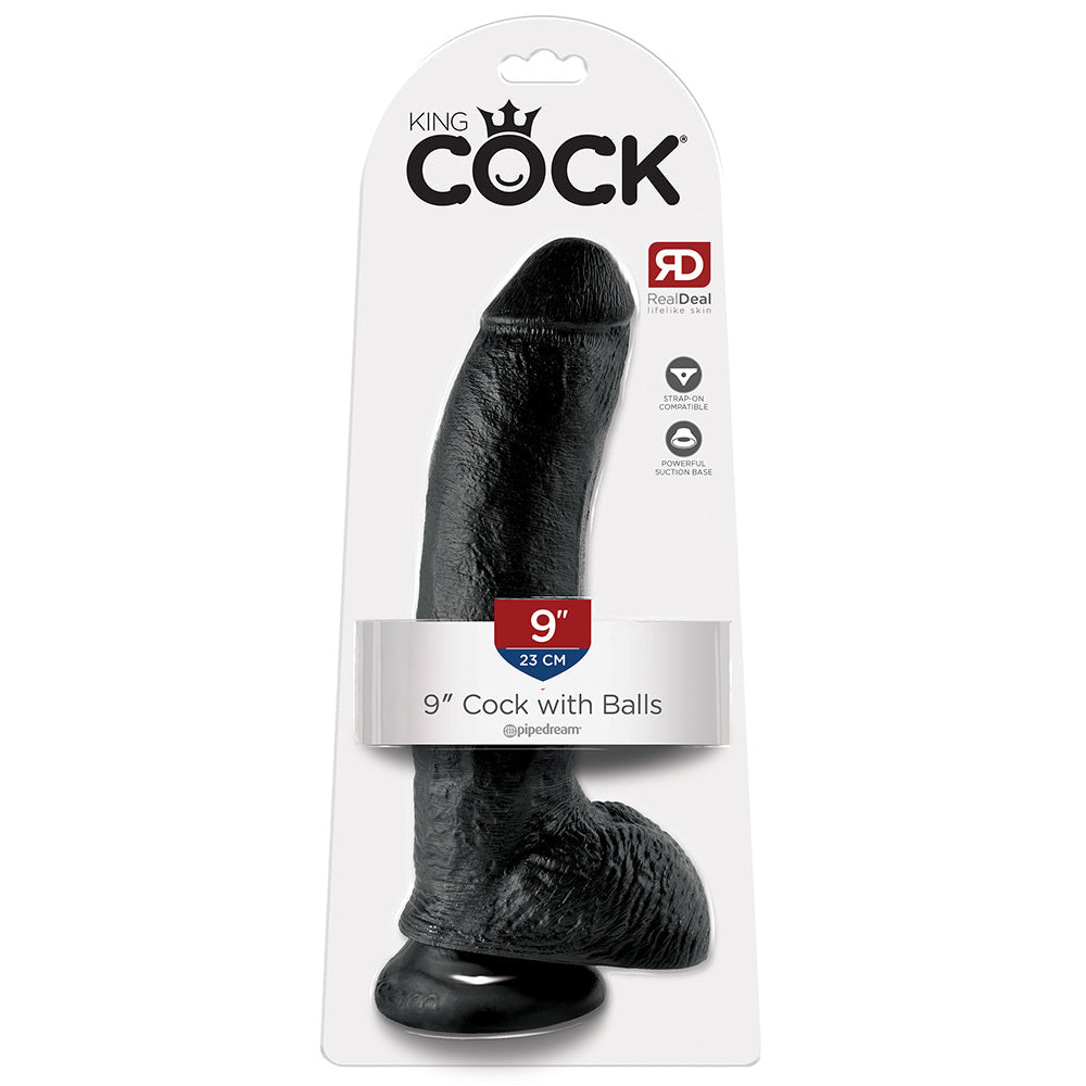 King Cock 9 Inch Cock with Balls Realistic Suction Cup Dildo - Black - Package