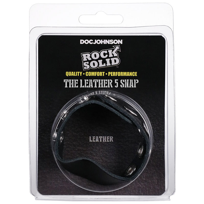 Doc Johnson CSLM500 Rock Solid The Leather 5-Snap Adjustable Cock Ring Package Front
