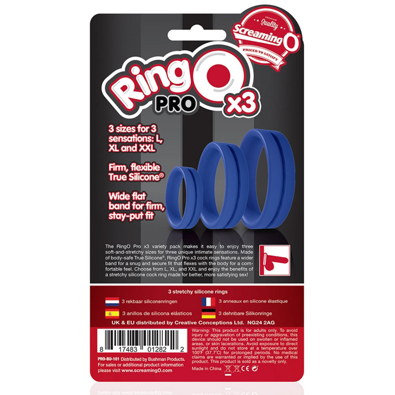 Screaming O PRO-BU-110 Ring O Pro x3 Silicone Cock Ring Set - Blue Package Back